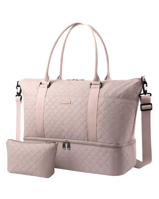 Pink shoe compartment travel bag and matching toiletry bag on white background