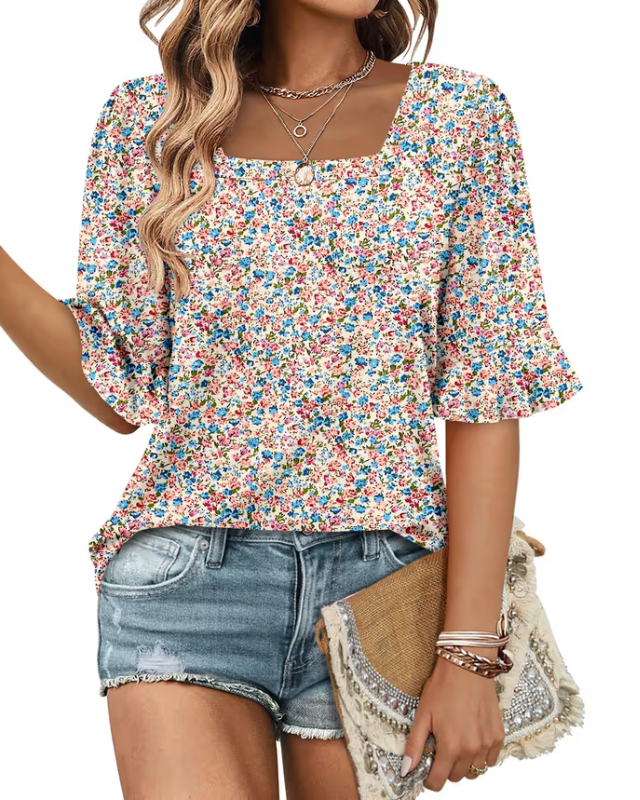 Woman wearing summer blouse and denim shorts on white background