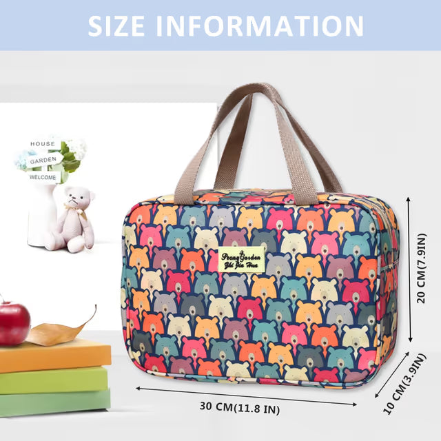 Multicolored bear-patterned bag with dimensions and a small teddy bear and books for scale on a white background.