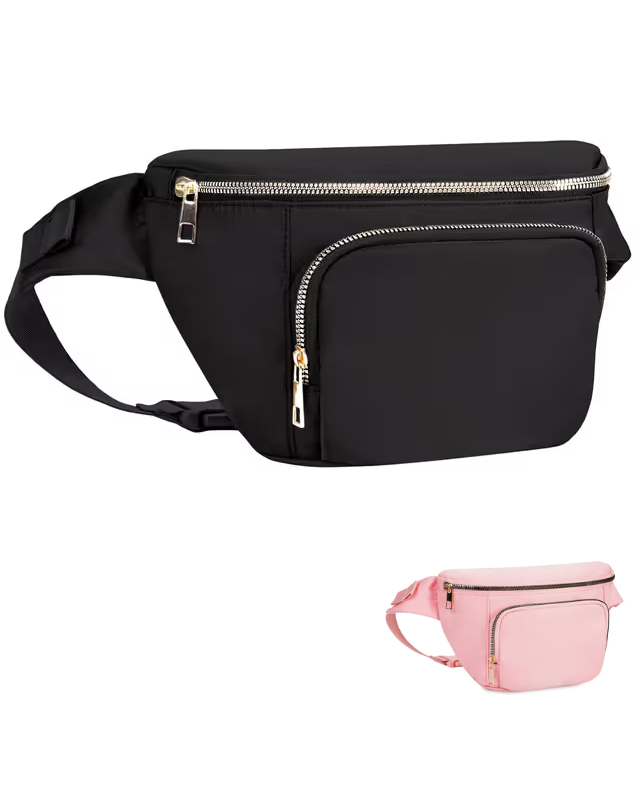 Black and pink waist bags on a white background