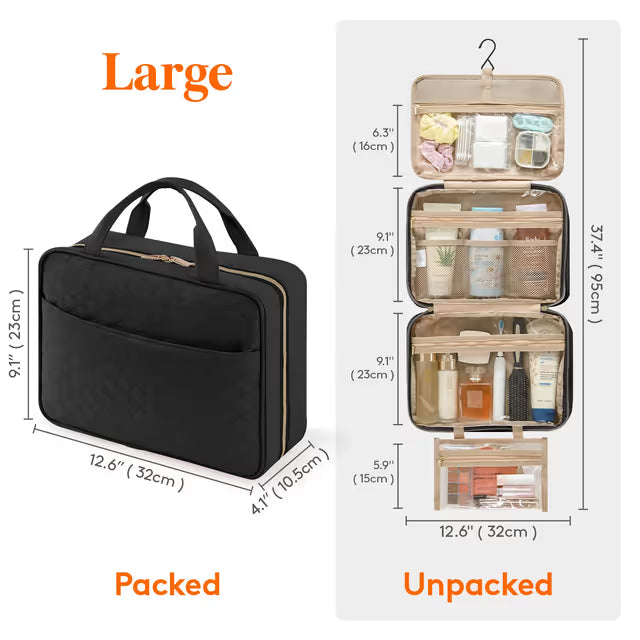 Black toiletry bag with measurements and an open bag showing items on a white background
