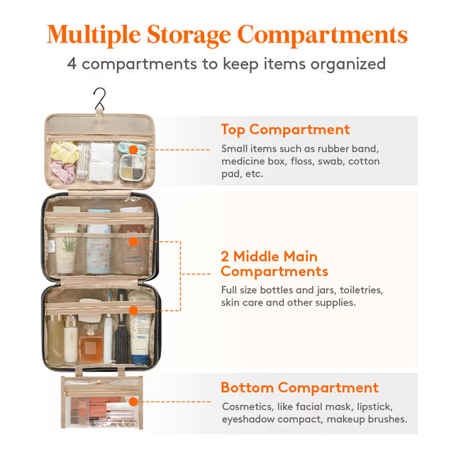 Travel toiletry multi compartment hanging bag