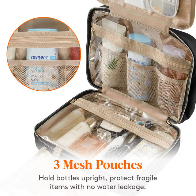 Open travel case with toiletries and three mesh pouches for organization.