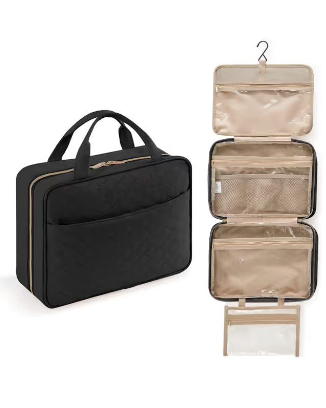 Black travel bag and beige hanging organizer on a white background