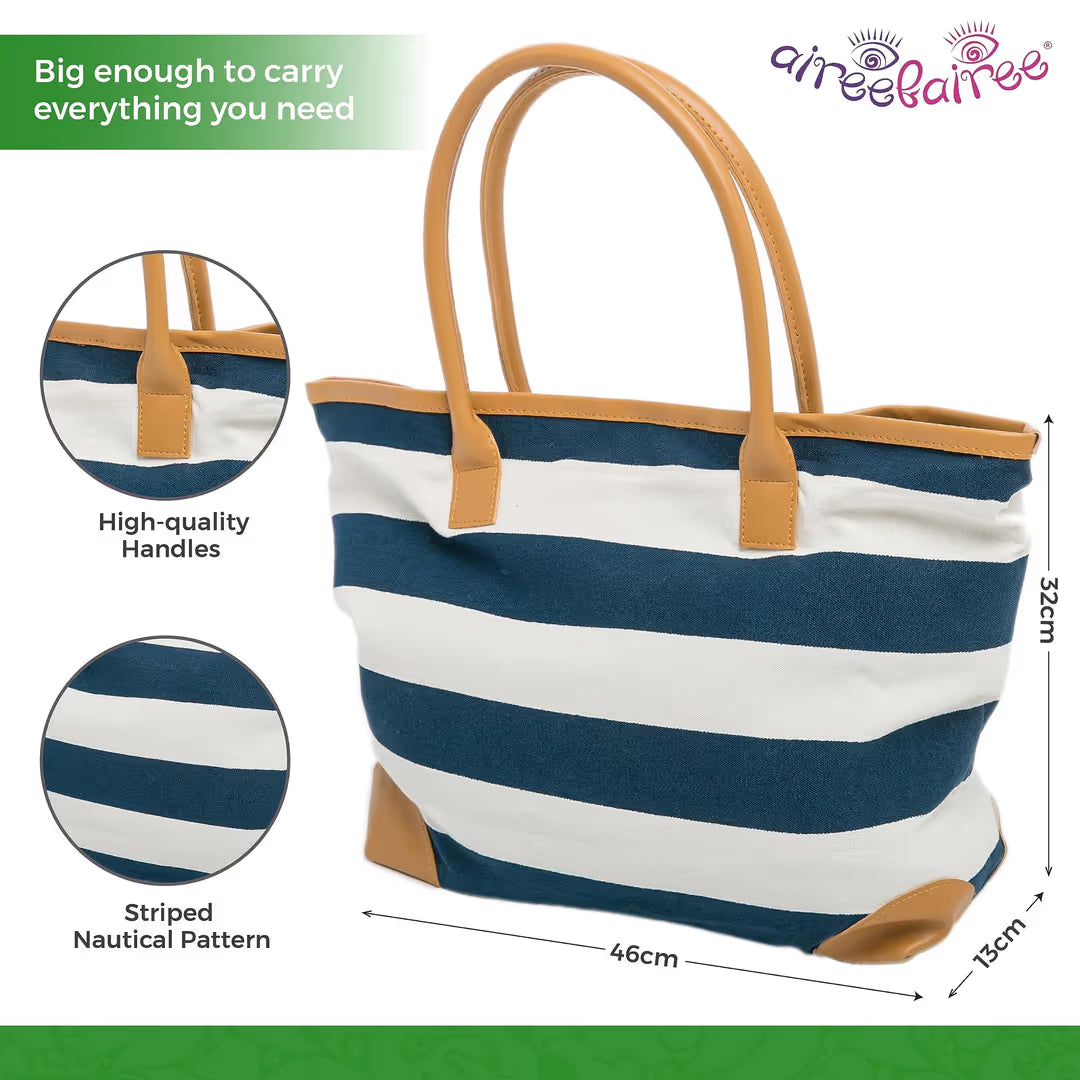 Canvas tote striped beach bag large 46x32x13cm