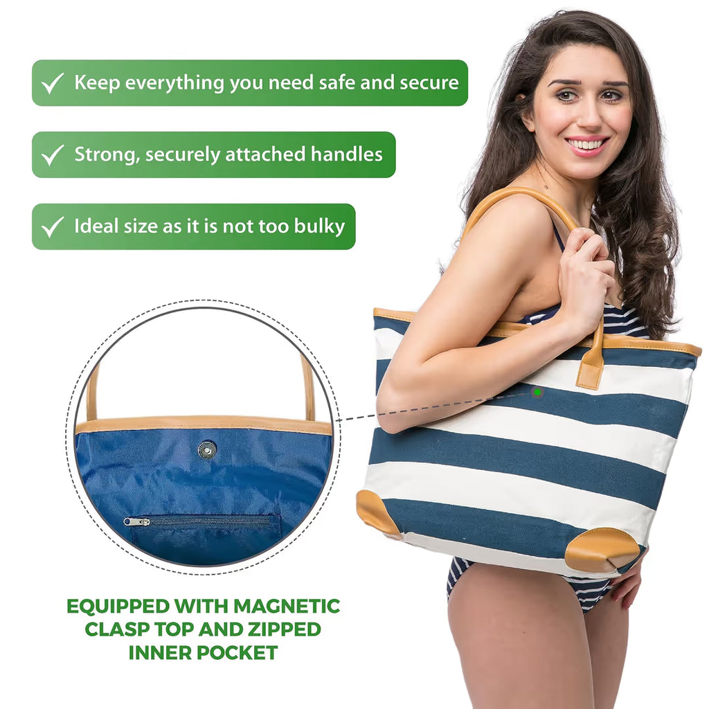 Canvas tote striped beach bag large 46x32x13cm