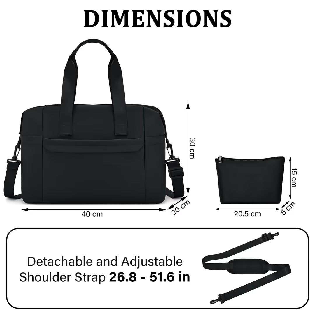 Black handbag with dimensions and shoulder strap information on a white background