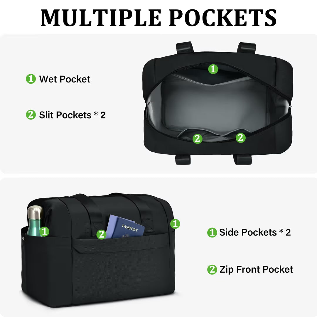 Black bag with multiple pockets labeled on a white background