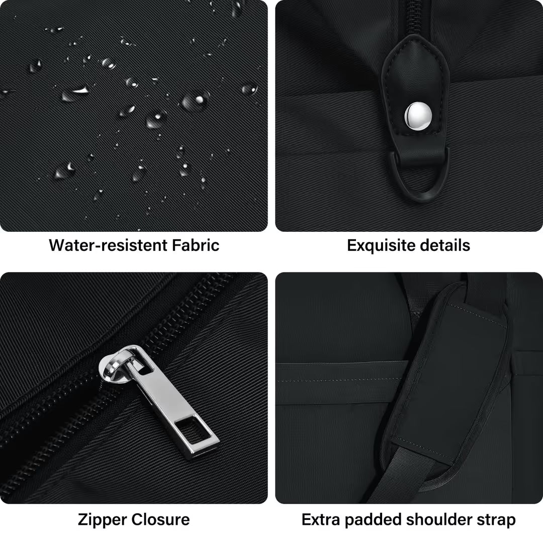 Black bag with water-resistant fabric, zipper closure, and extra padded shoulder strap.