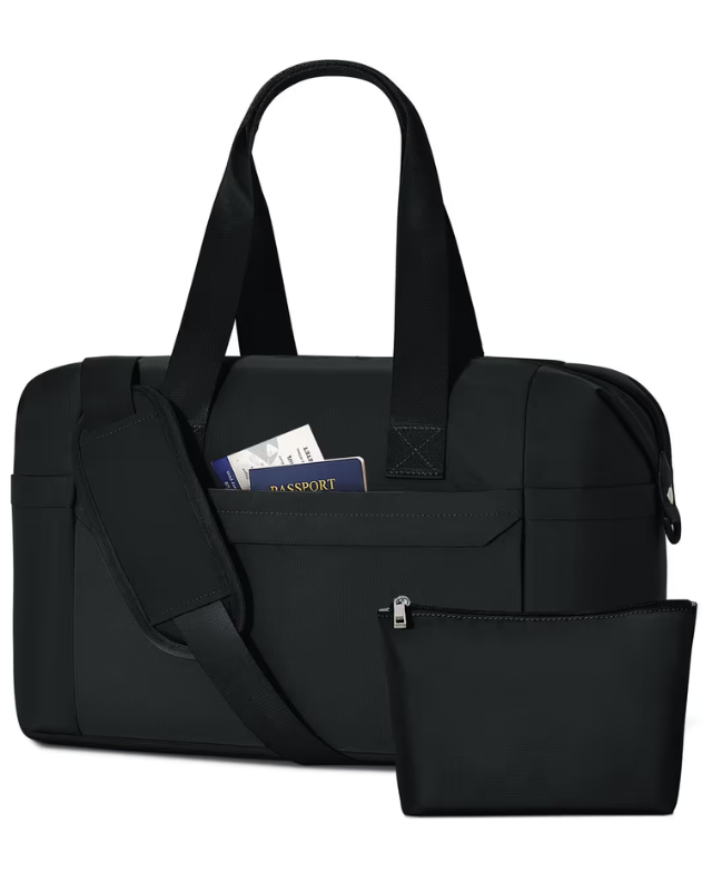 Black travel bag with a shoulder strap and a small pouch on a white background