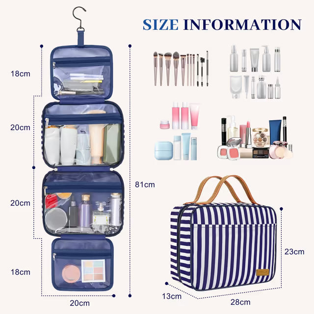 Cosmetic bag with size information and product display