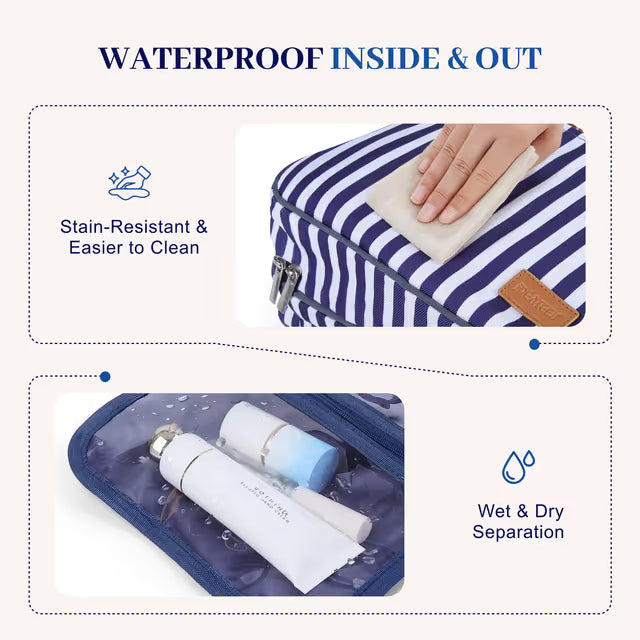 Blue and white striped toiletry bag with wet and dry separation feature, showing a hand cleaning it and items inside.