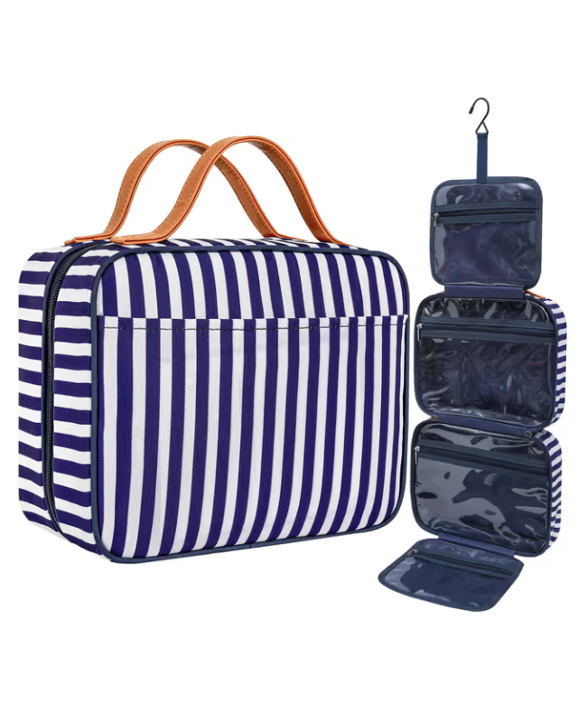 Blue and white striped toiletry bag with hanging organizer on a white background