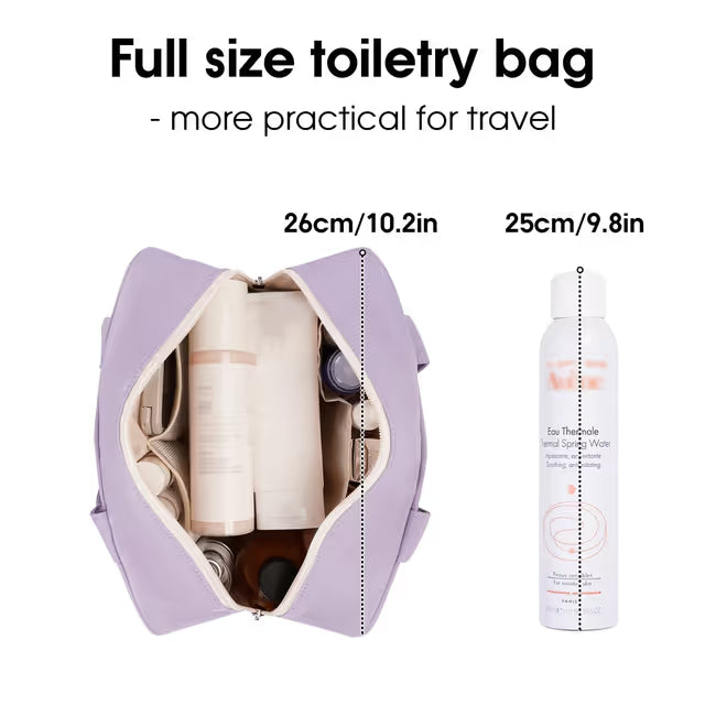 Purple toiletry bag with products and measurements on a white background