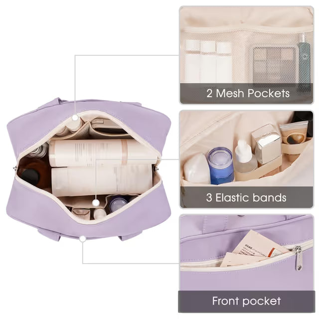 Purple travel organizer with mesh pockets, elastic bands, and front pocket on a white background