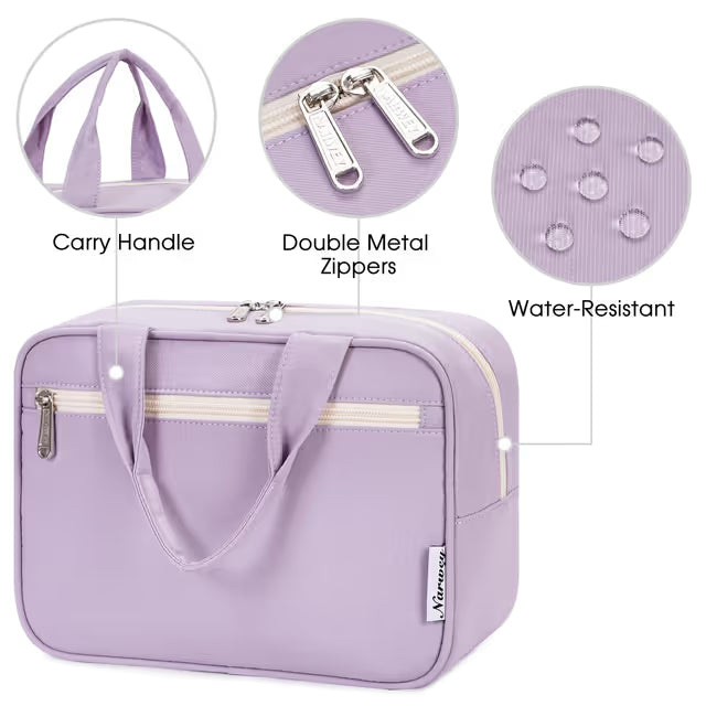 Purple travel bag with features highlighted including a carry handle, double metal zippers, and water-resistant material.