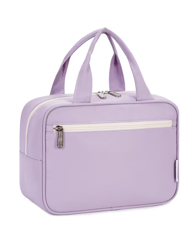 Purple handbag with a white zipper on a white background