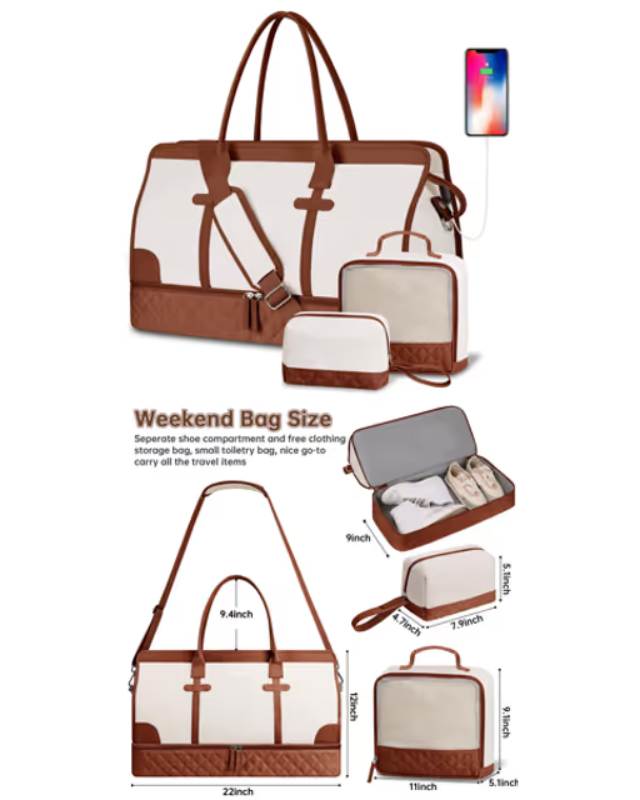 Brown and white travel bag set with dimensions and features on a white background