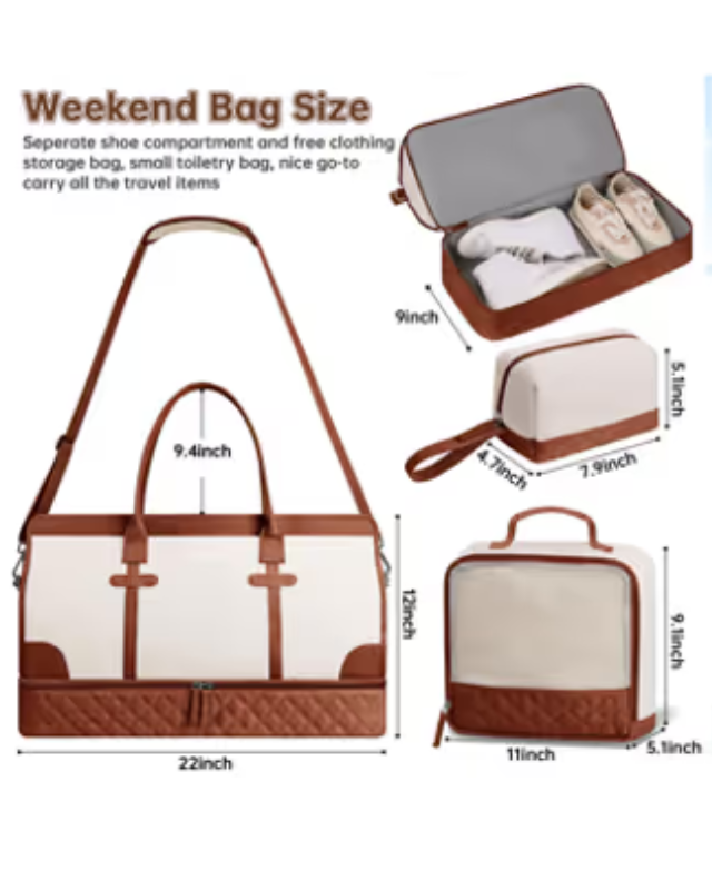 Weekend bag with dimensions and separate compartments on a white background