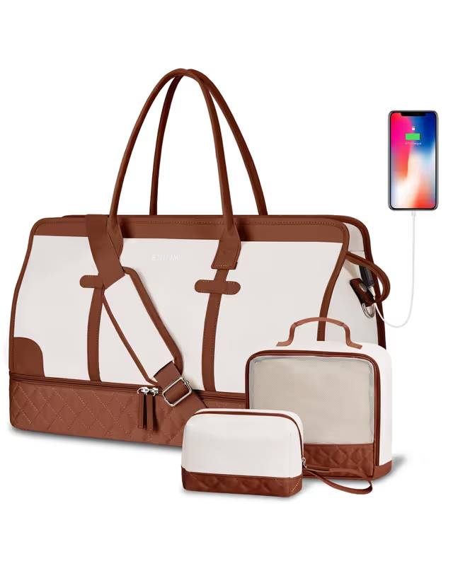 Brown and white travel bag set with a phone on a white background