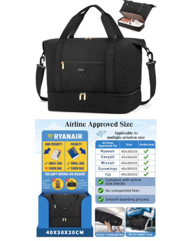 Black travel bag with airline approval information displayed below on a white background