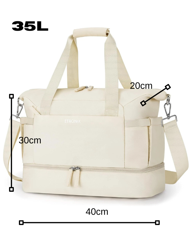 Beige duffel bag with measurements on a white background