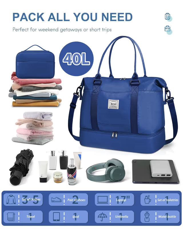 Blue travel bag with packing list and items on a white background