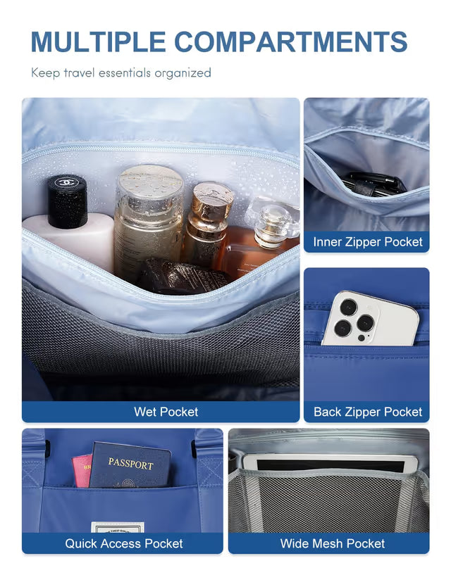 Organized travel bag with various compartments and items inside.