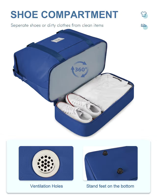 Blue shoe compartment with white sneakers, ventilation holes, and stand feet feature on a white background.