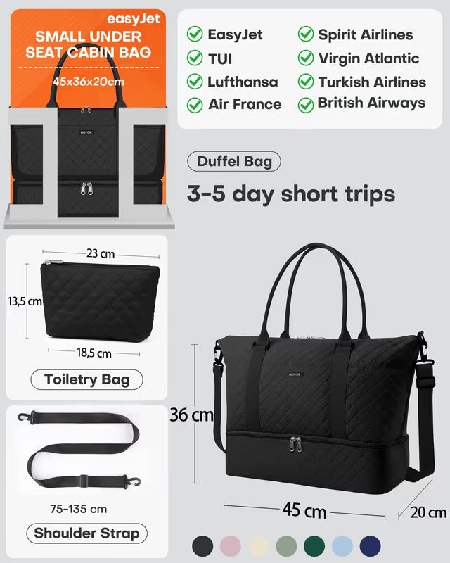 Black duffel bag with dimensions and airline compatibility on a gray background
