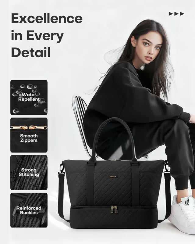 Woman sitting with a black handbag, surrounded by text about product features on a white background.