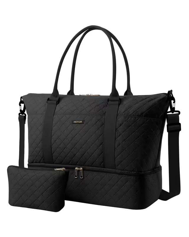 Black quilted handbag with a smaller matching pouch on a white background