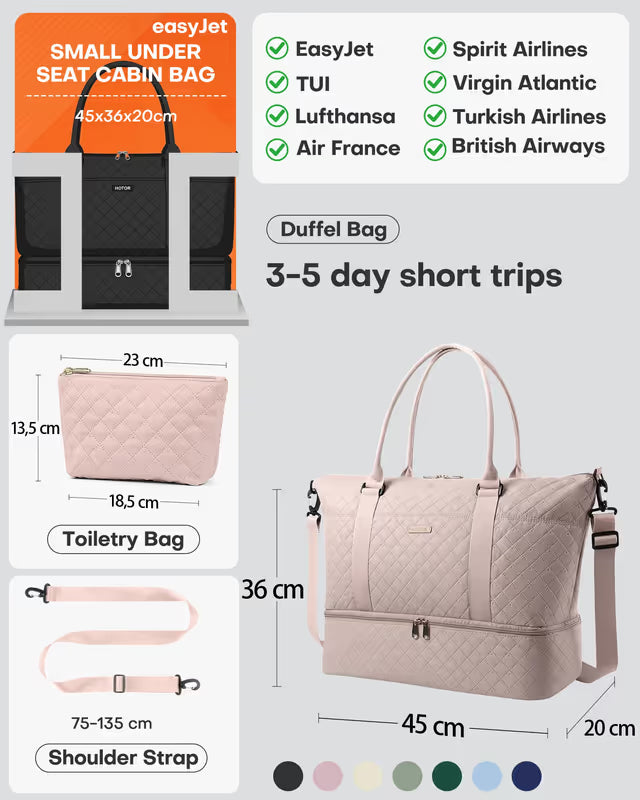 Travel bag with dimensions and airline compatibility information on a white background