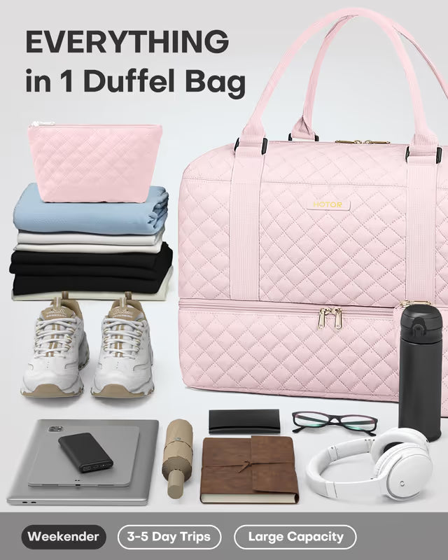 Pink duffel bag with travel items on a white background