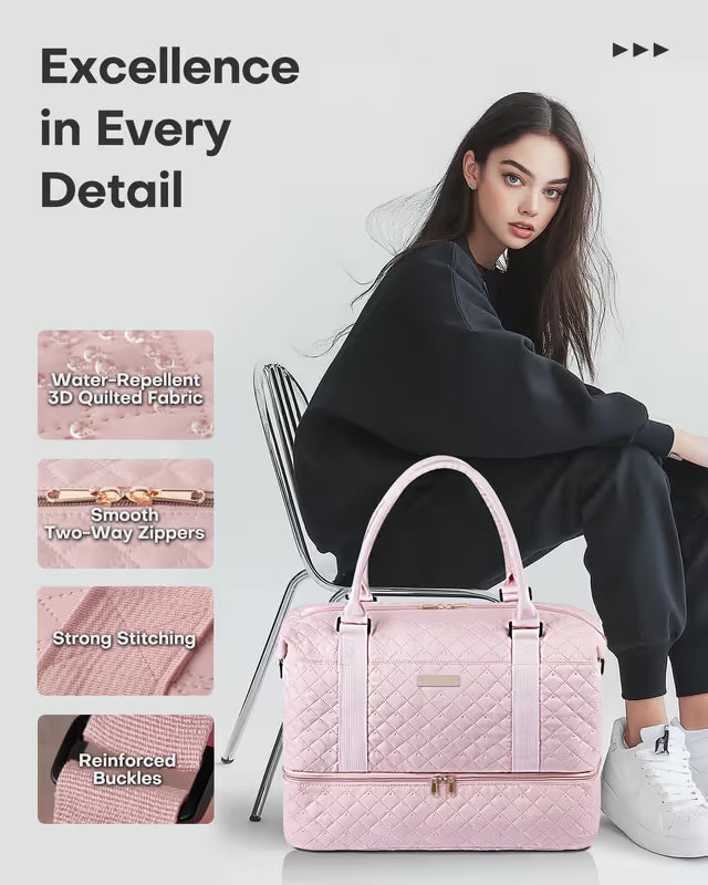 Pink quilted handbag with woman sitting on a chair, featuring text about product details.