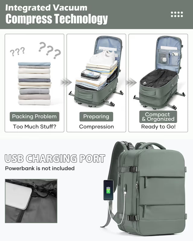 Grey backpack with vacuum compress technology and USB charging port, showing before and after compression of items.