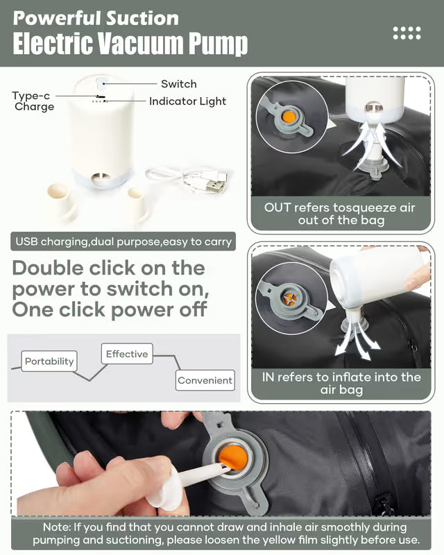 Electric vacuum pump with features and usage instructions on a gray background