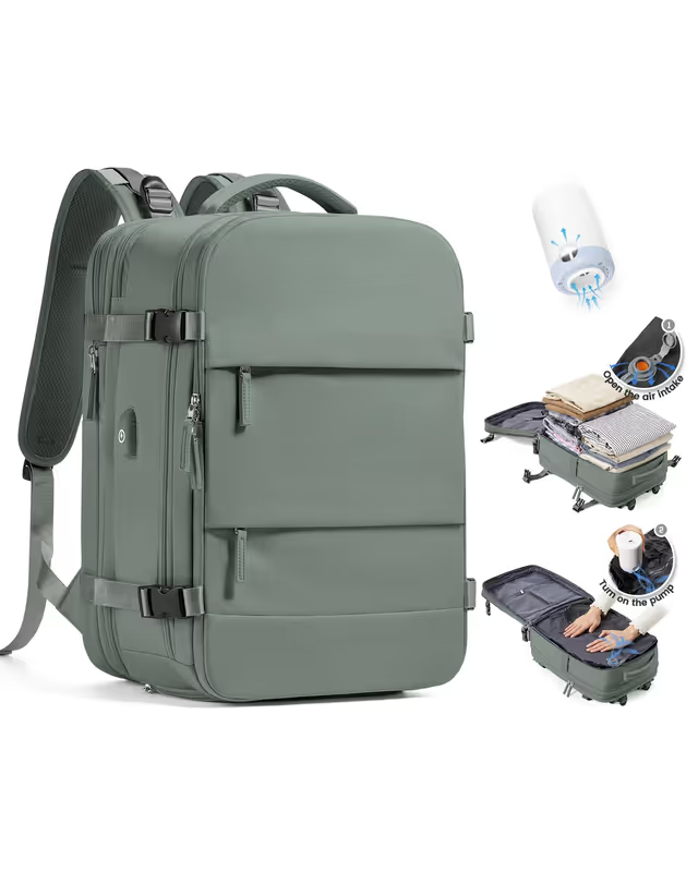 Grey backpack with multiple compartments and a suitcase icon showing its expandable feature.