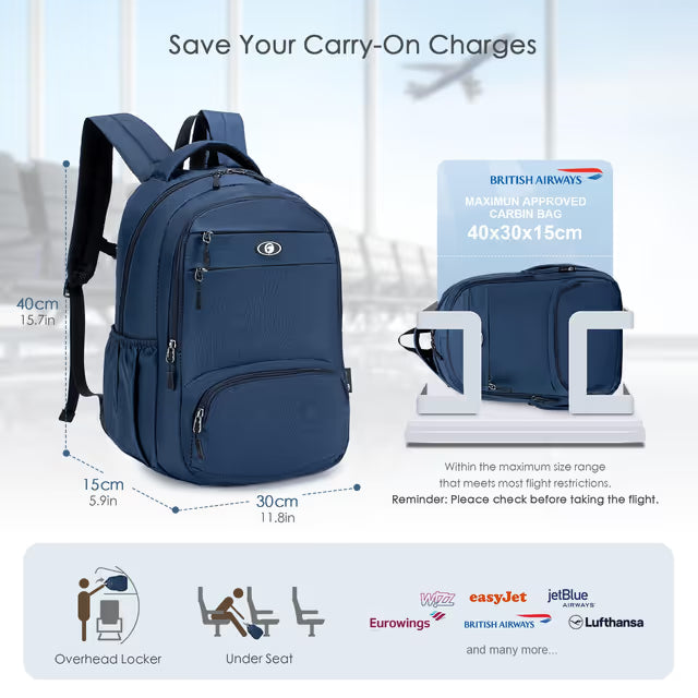 Blue backpack with dimensions and airline logos on a light background