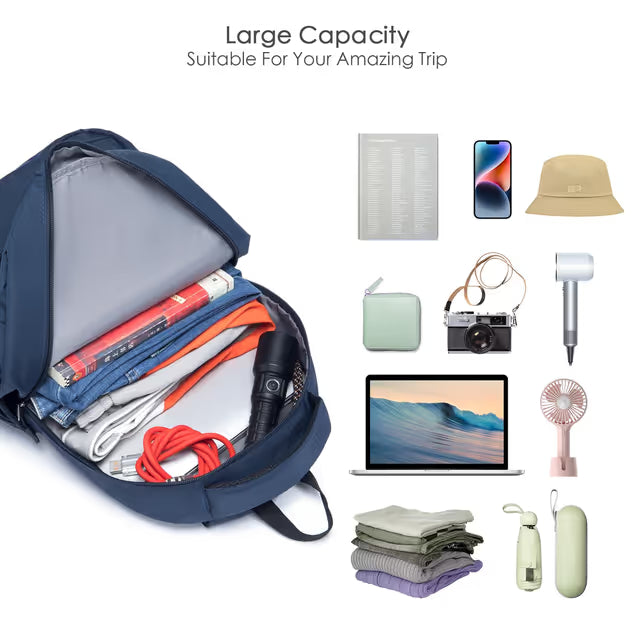 Navy blue backpack with various items and text 'Large Capacity Suitable For Your Amazing Trip' on a white background.