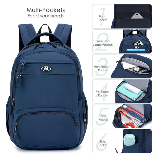 Blue backpack with multiple pockets and compartments on a white background