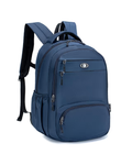 Blue backpack with multiple pockets and zippers on a white background