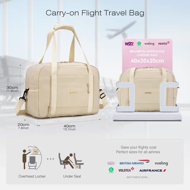 Beige carry-on travel bag with dimensions and airline compatibility on a light background