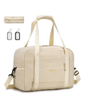 Beige travel bag with straps and tags on a white background