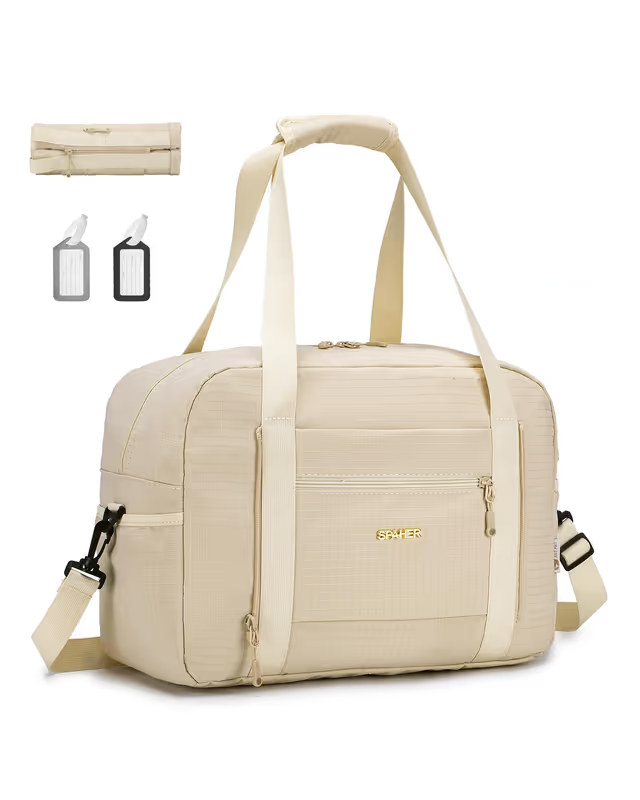 Beige travel bag with straps and tags on a white background