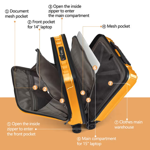 Orange business carry-on suitcase detail on white background