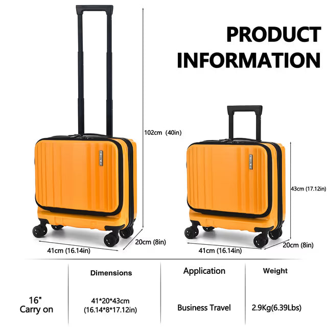 Orange business carry-on suitcase dimensions on white background