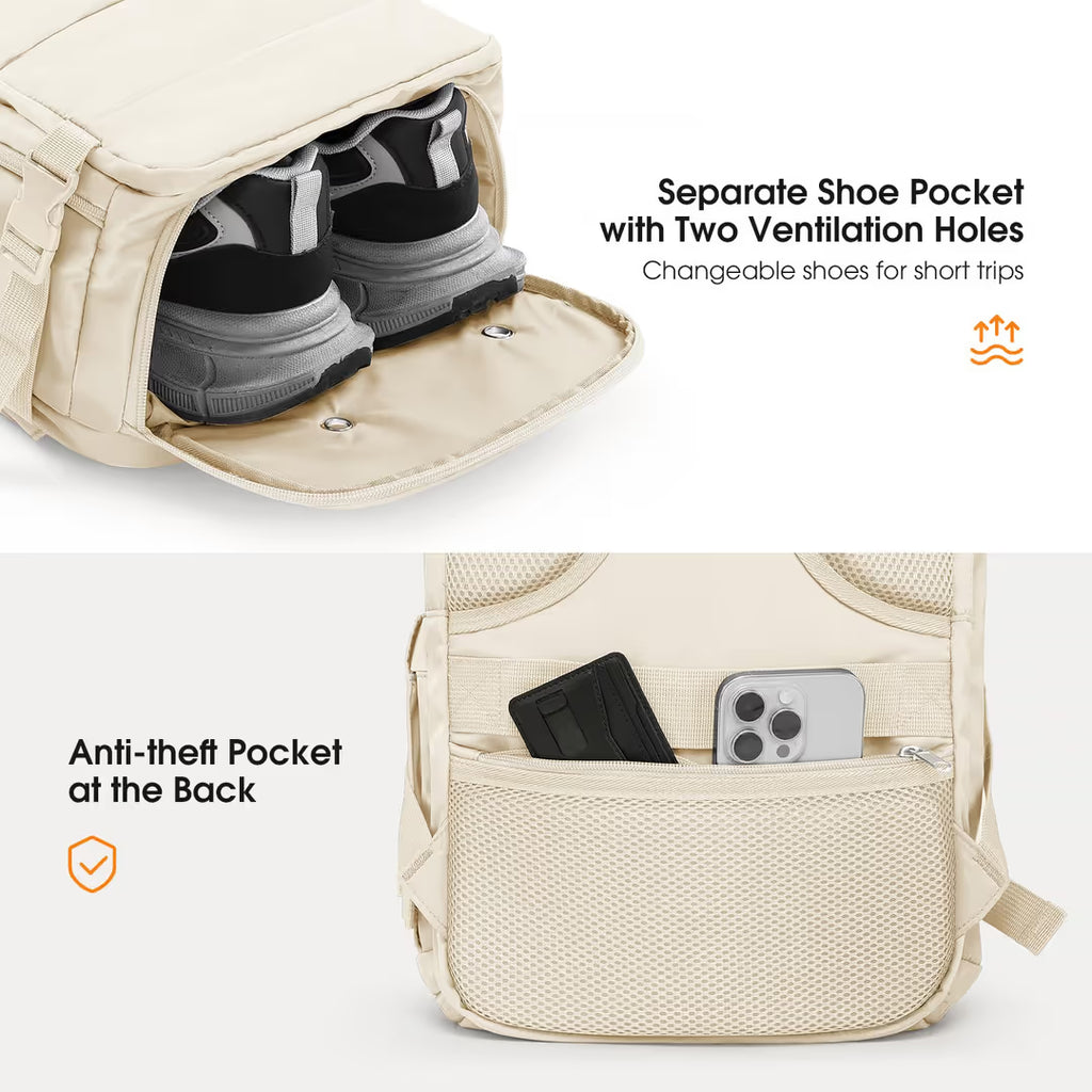Beige backpack with separate shoe pocket and anti-theft back pocket on a white background