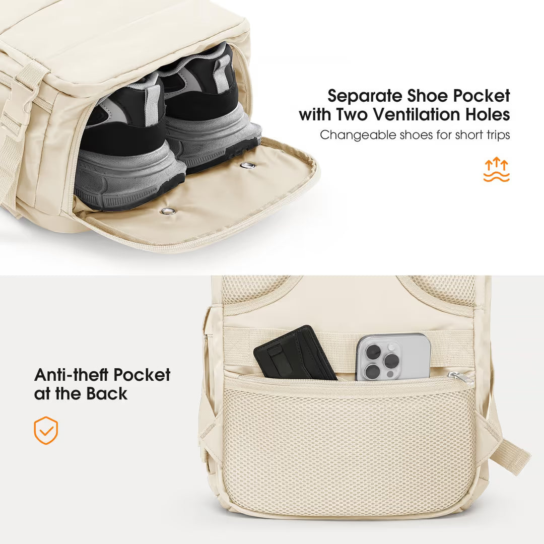 Beige backpack with separate shoe pocket and anti-theft back pocket on a white background