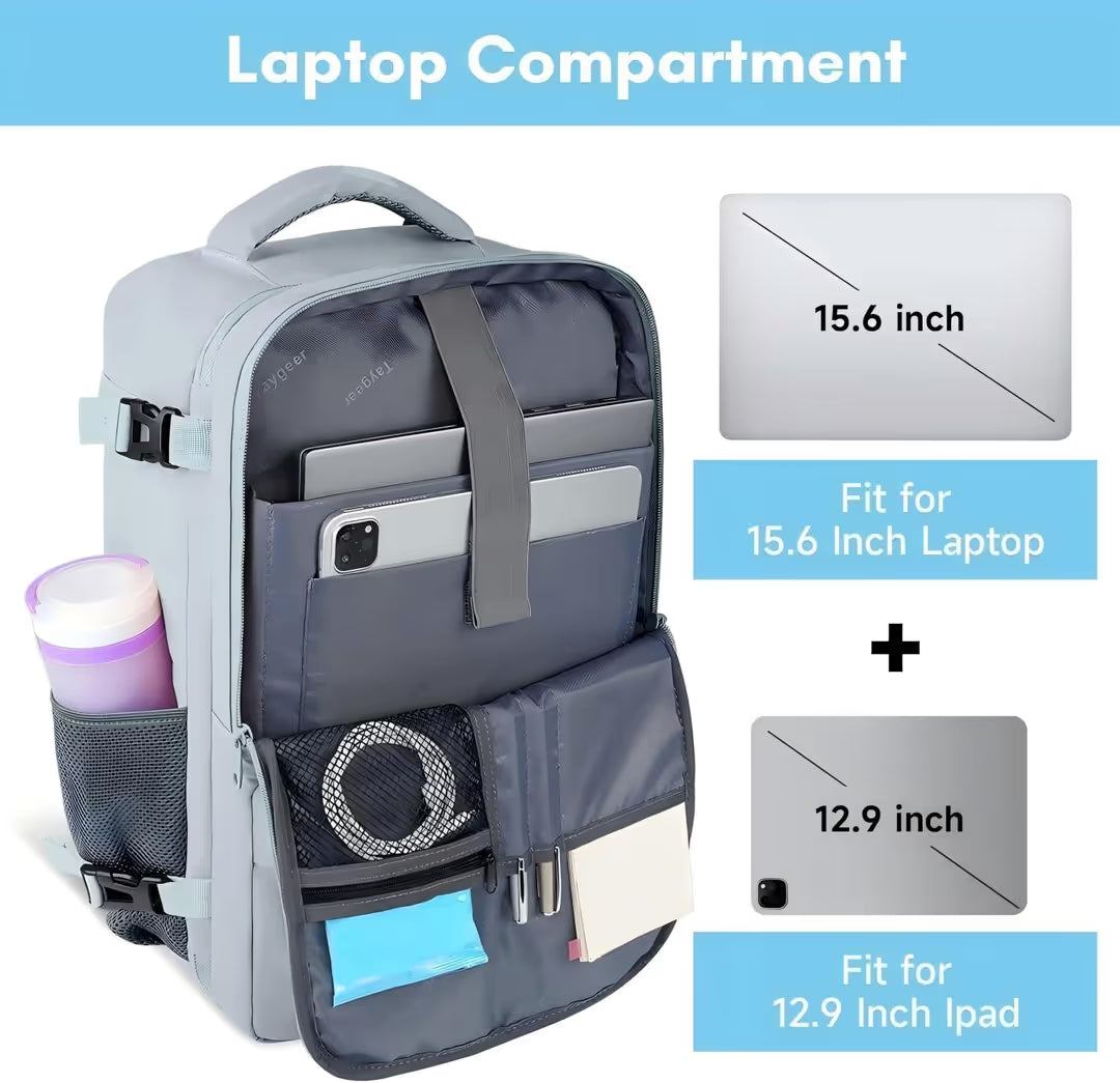 Gray backpack with laptop compartment and accessories, featuring a 15.6 inch laptop and 12.9 inch iPad.